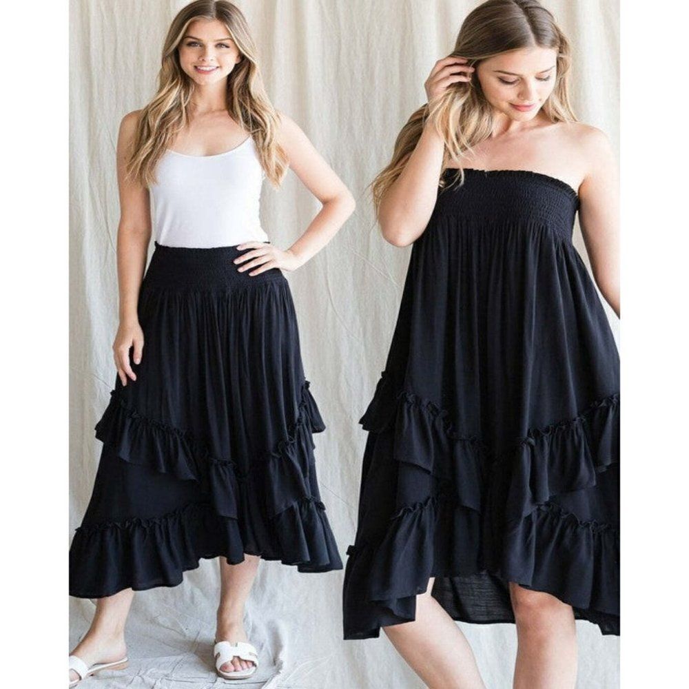 SALE! Blue Buttercup Womens Black Ruffled Layered Midi Dress or Skirt ID61143